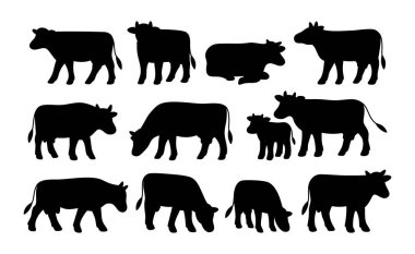 Siyah inek silueti. Markalaşma, simgeler, çıkartmalar veya minimalist çiftlik ambalajı tasarımları için ideal şekiller