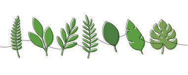 Tropikal yaprakların minimalist tek çizgili sanatı. Doğa temalı duvar dekorasyonu, botanik baskılar ve çağdaş tasarım kavramları için mükemmel..