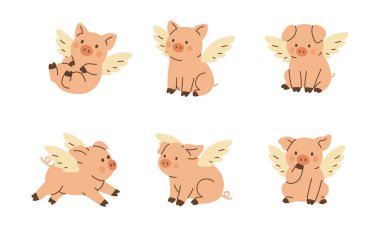 Çizgi filmdeki küçük melek kanatlı domuzlar. Çocuk kitapları, çiftlik hayvanları tasarımları, çocuk odası dekorasyonları ve fantezi temalı çizimler için mükemmel..