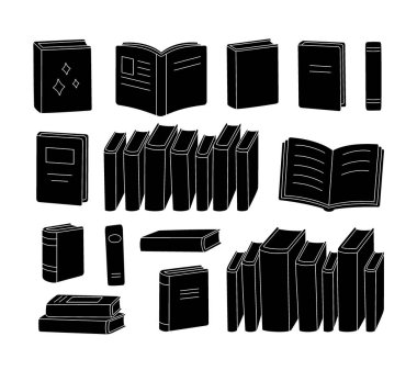 Siyah siluetleri var. Kitaplar çeşitli şekillerde - açık, kapalı, istiflenmiş. Modern tasarımlar edebiyat, öğrenim ve eğitim konularına odaklandı.