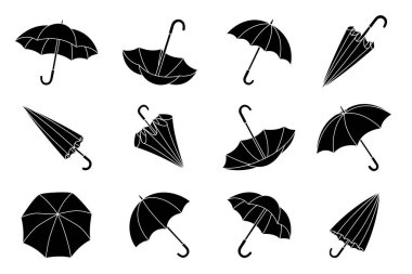 Birden fazla açık, kapalı ve ters dizaynlı siyah şemsiye koleksiyonu. Hava simgeleri, yağmur temalı grafikler veya dekoratif amaçlar için temiz minimalist vektör sanatı.