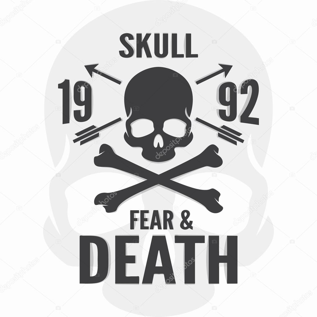 Fear and death print. Skull and cross bones logo. Vector calligraphy lettering