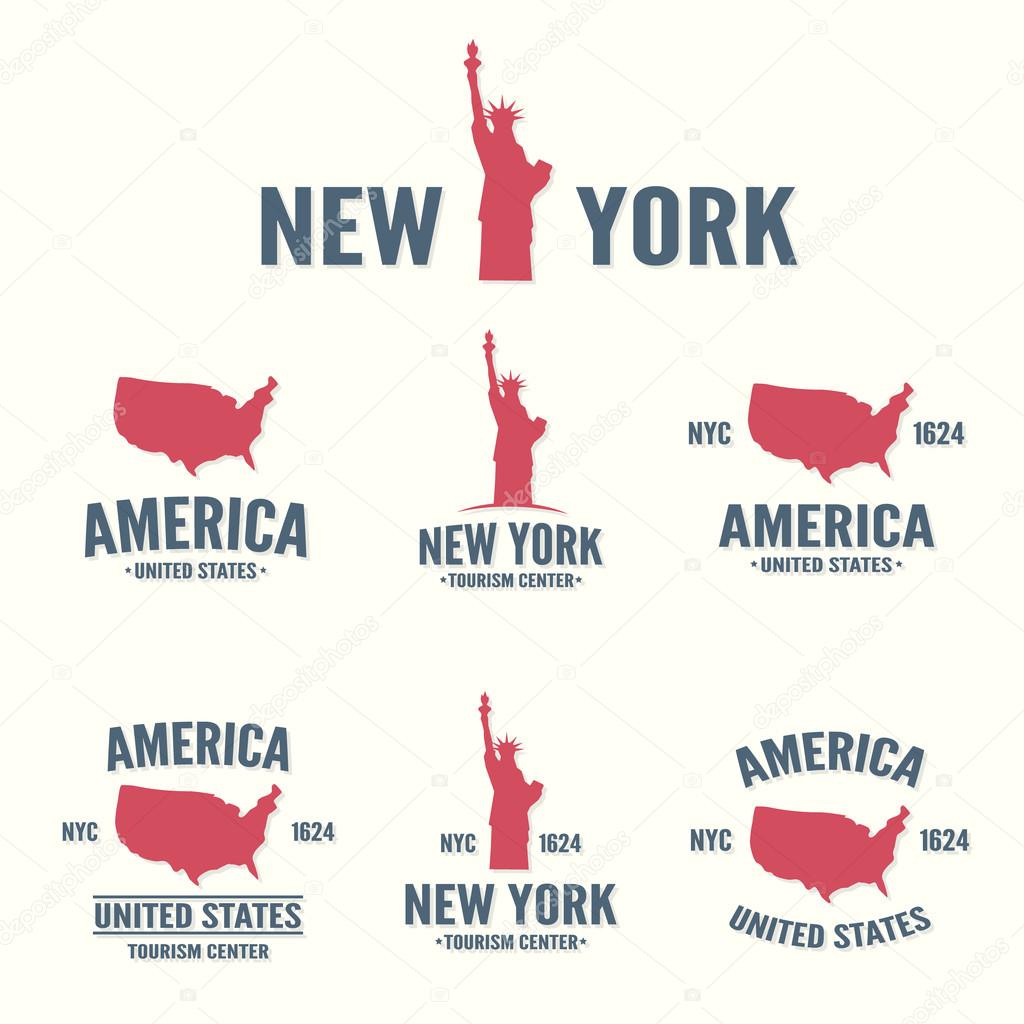 Collection of New York, America, USA icon or logo.  Set of vector stamps, seals, banners, labels, badges.