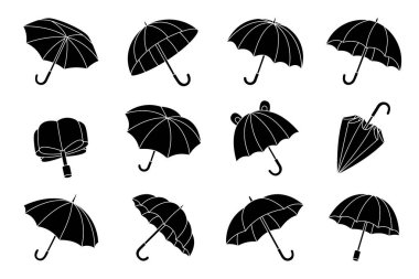Açık ve katlanmış şekillerde çok yönlü siyah şemsiye koleksiyonu. Hava simgeleri, yağmur koruma grafikleri ve basit dekoratif sanat eserleri için minimalist vektör tasarımı ideal.
