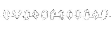 Elmas mücevherler. Sihirli taşlar ve mücevher kristalleri. Gemstone, ametist, yakut, safir, zümrüt, topaz ve kuvars bir çizgi sürekli çizim. Vektör çizimi. Beyaz arkaplanda izole