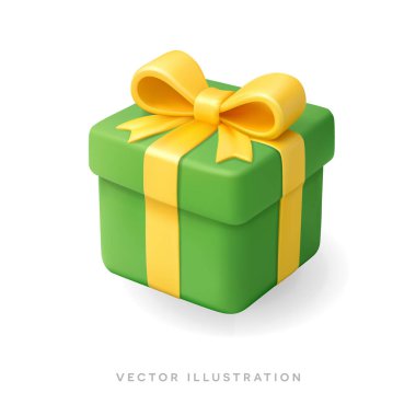 Gerçekçi 3D yeşil hediye kutusu altın kurdeleyle bağlanmış. Kumar oyunları için ödül ikonu, günlük kumarhane ikramiyeleri, şanslı dönüşler ve şenlikli UI elemanları için mükemmel. Aziz Patrick Günü illüstrasyonu