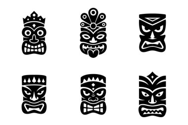 Vahşi yüzlü Polinezya tiki maskesi. Hawaii kültürü, kabile festivali sanat eserleri, dövmeler, posterler ve etnik dekor için mükemmel.