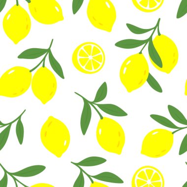 Yeşil yapraklı ve dilimli limonlar düzgün bir şekilde dizilmiş. Tekstil, ambalaj kağıdı veya markalaşma için düz vektör tasarımı ideal.