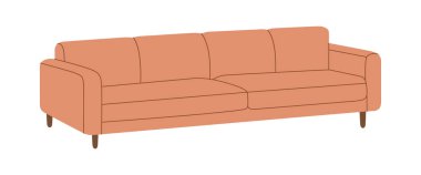 Yumuşak döşemeleri olan uzun, modern bir kanepe. İç tasarım, mobilya katalogları ve ev dekorasyonu kavramları için düz vektör çizimi.