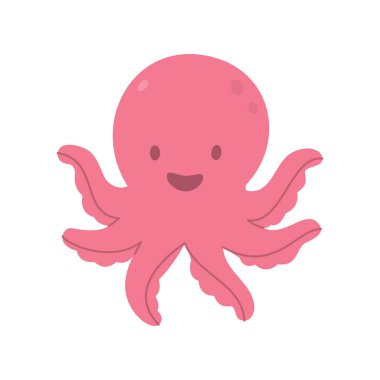 Kollarını sallayan neşeli yüzlü sevimli pembe ahtapot. Neşeli deniz canlıları, çocuk tasarımları, okyanus dekorları ya da deniz ikonu setleri için harika..
