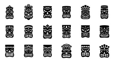 Keskin açılı taç ve yoğun yüz hatlarına sahip geleneksel tiki maskeleri. Polinezya dövmeleri, etnik sanat eserleri, tropikal festival posterleri ve miras esintileri için ideal.