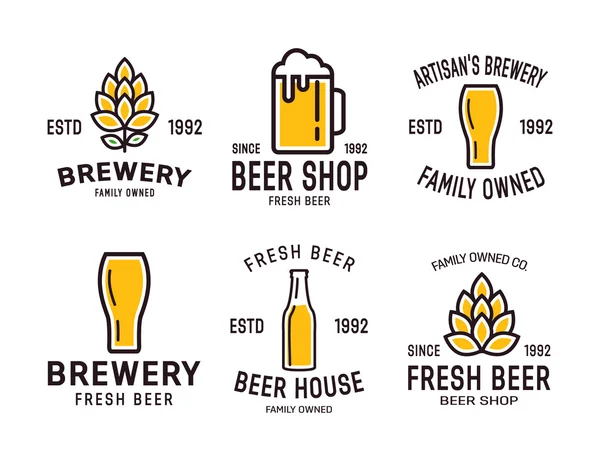 Doğrusal bira logolar kümesi. Şişeler, atlama ve şarap içeren etiketleri