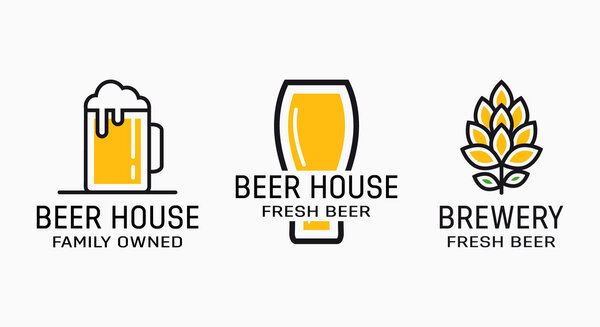 Set of vintage beer and pub logos. Labels with bottles, hops, and bocal