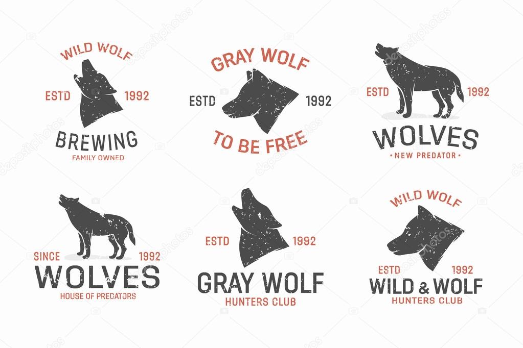 Set of vintage wolf logo and label design elements