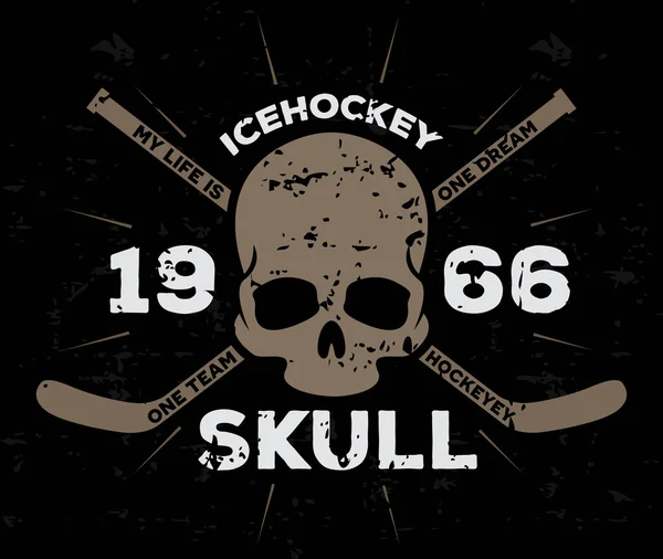 Eishockey-Etikett, Totenkopf-Typografie. Vintage T-Print Design. T-Shirt-Grafik. — Stockvektor