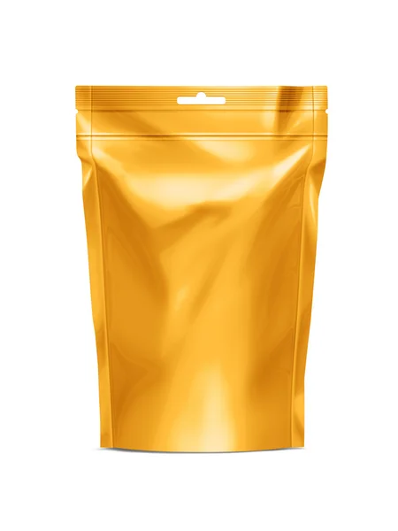 Golden Blank Doy-pack, Doypack Foil Food ou embalagem de saco de bebida com fecho de correr. Modelo de embalagem de plástico. Coleção de embalagens — Fotografia de Stock