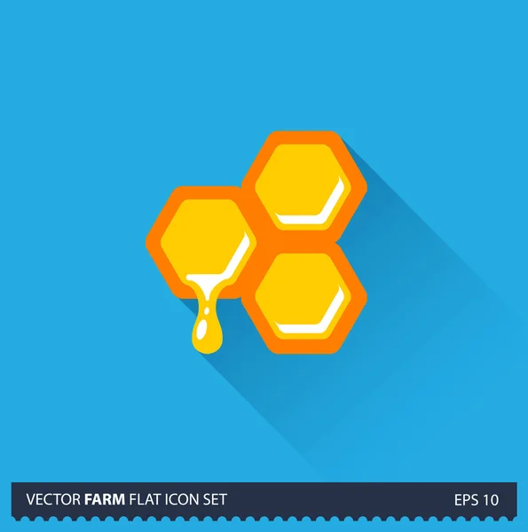 Icône longue ombre plate vecteur nid d'abeille sur fond bleu. Collection d'icônes de ferme — Image vectorielle