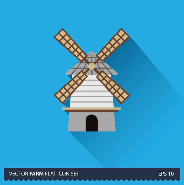 Vetor de moinho de vento ícone de sombra longa plana no fundo azul. Farm coleção ícones — Vetor de Stock