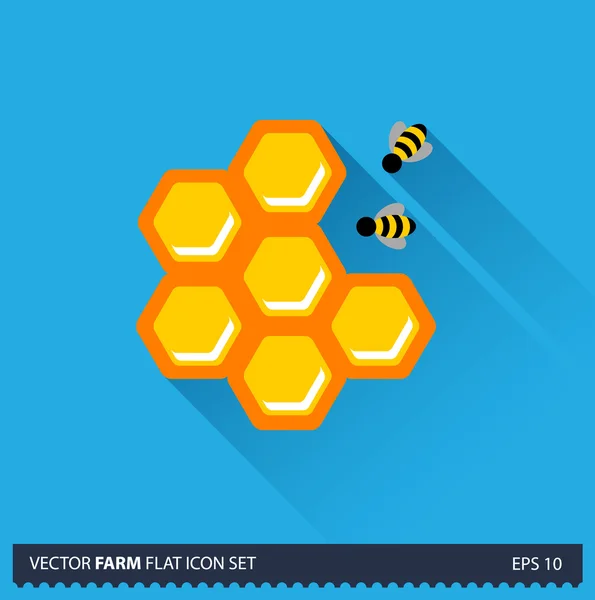 Honeycomb a včely vektorové plochý dlouhý stín ikonu na modrém pozadí. Farma ikony kolekce — Stockový vektor
