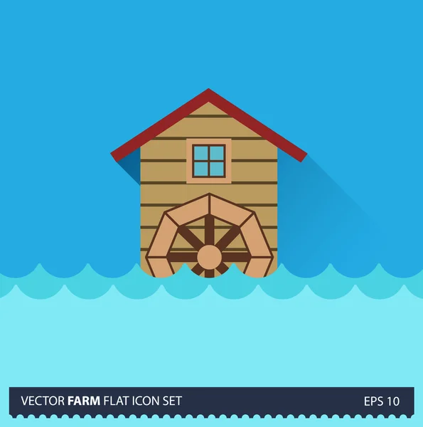 Water Mill vettore piatto lunga icona ombra su sfondo blu. Collezione di icone agricole — Vettoriale Stock