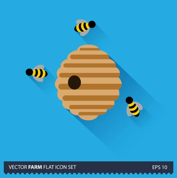 与蜜蜂矢量平长长的阴影图标在蓝色背景上的蜂箱。农场的图标集合 — 图库矢量图片