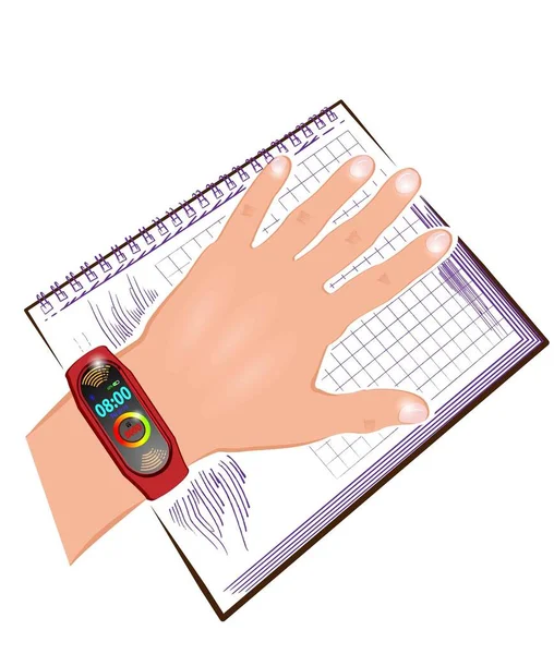 Mão Com Relógio Deitado Caderno —  Vetores de Stock