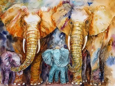 Gün batımında yavruları olan fil sürüleri.