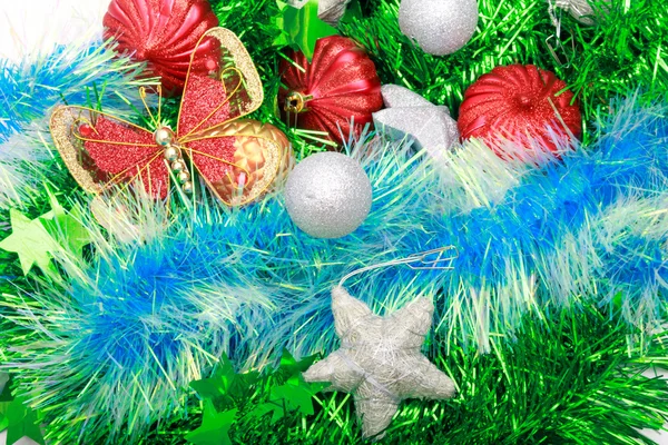 Christmas ornaments, stars, cones, balls, tinsel. — Stock Photo, Image