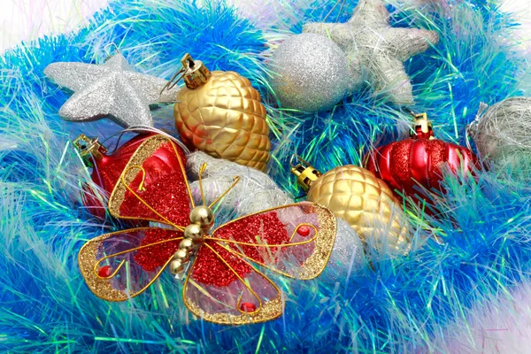 Christmas ornaments, stars, cones, balls, tinsel. — Stock Photo, Image