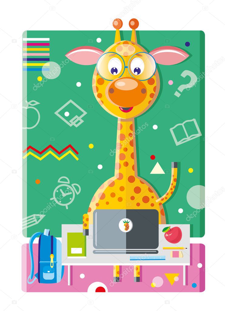 Giraffe at school sits at a desk with glasses and a laptop