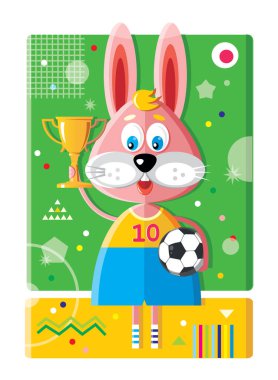 Neşeli tavşan futbolcu futbol topu ve birincilik ödülü ile