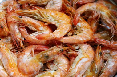 Buharlı tencerede karidesler pişiyor. Karides karidesleri buğulanmış deniz ürünleri nefis bir şekilde renklidir. Odaklan ve bir nesne seç