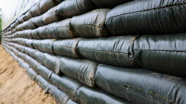 Green Sandbag Horizontal View Sandbag Barrier Prevent Danger Close Focus — Stock Photo, Image