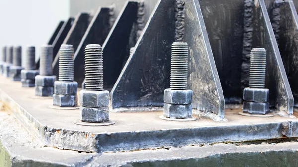 Bolts Nuts Cement Base Several Gray Double Bolts Firmly Fixed — Stock Photo, Image