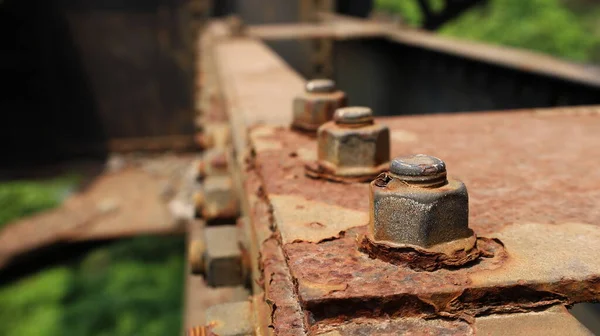Rusted Bolts Threads Old Bridge Structure Green Tree Background Close — Stock Photo, Image