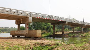 Beton köprü direkleriyle kiraz kuşu. Çimento iskelesi tabanı ve köprünün yer üstü sütunları kurak mevsimde nehirleri geçmek için beyaz gökyüzü arka planında fotokopi alanı ile birlikte. Seçici odak