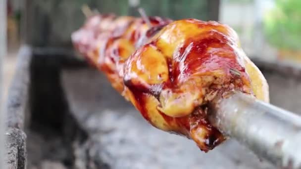 ストーブの上で鶏の渦巻き焼き ステンレス製の串に串を刺し 炭火で焼き 回転させる — ストック動画