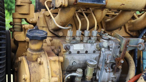 Old Diesel Pump Engine Heavy Equipment Silver Nozzle Pump Dirty — Stock Photo, Image