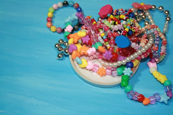 Colored Decorative Beads Glass Transparent Saucer Top View — Stock Photo, Image