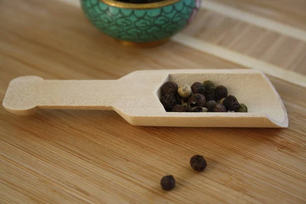 Peppercorns Wooden Spoon Wooden Background Space Your Text — Stock Photo, Image
