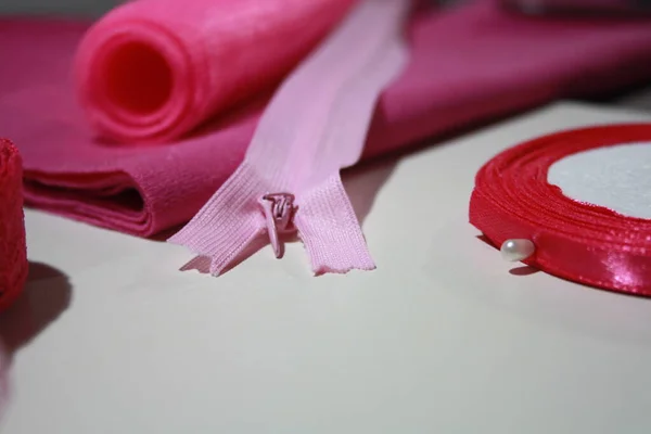 Naaien Accessoires Stof Close Roze Doek — Stockfoto