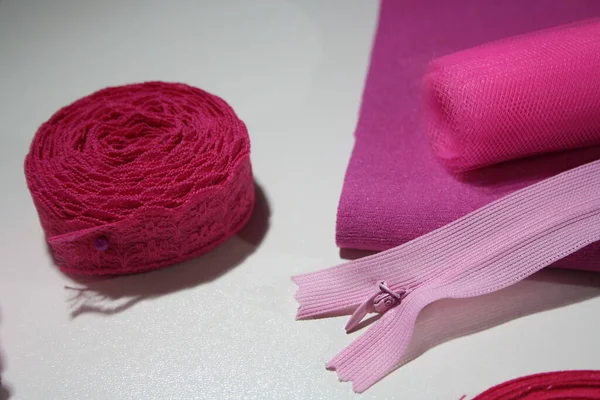 Naaien Accessoires Stof Close Roze Doek — Stockfoto