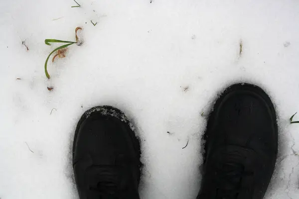 Stövlar Snön Utsikt Uppifrån Plats För Text — Stockfoto