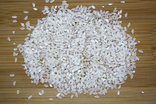 Ahşap Arka Planda Pilav Için Beyaz Pirinç Metin Için Boşluk — Stok fotoğraf