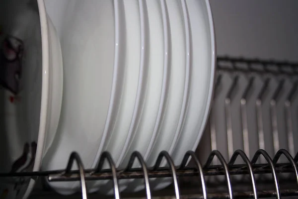 White Plates Row Dryer Space Text — Stock Photo, Image