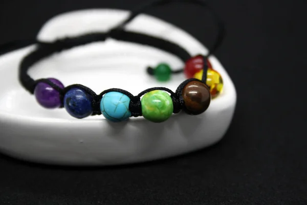 Jewelry Black Background Bracelet Beads Space Text — Stock Photo, Image
