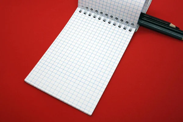 Notepad for notes and sketches on a red background. Space for text.