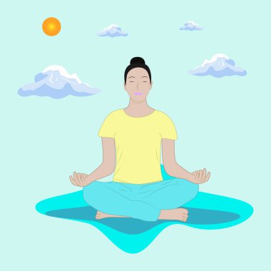 Vektör kız meditasyon yapıyor, yoga yapıyor.