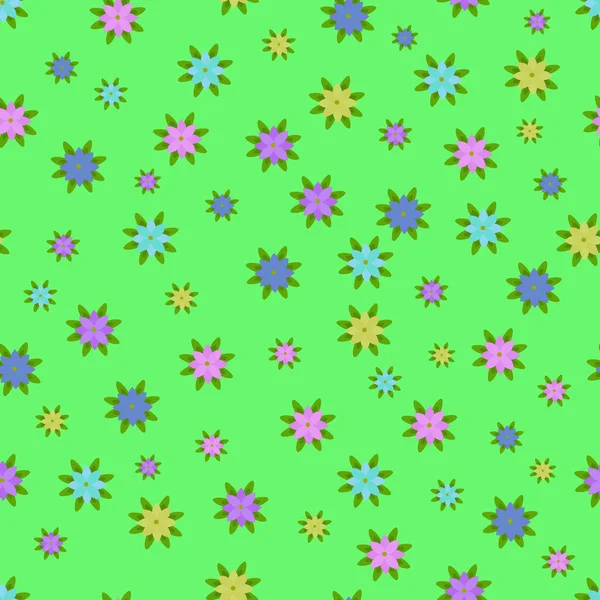 Бесшовный Узор Разноцветными Маленькими Плоскими Цветами Зеленом Фоне Векторная Иллюстрация — стоковый вектор