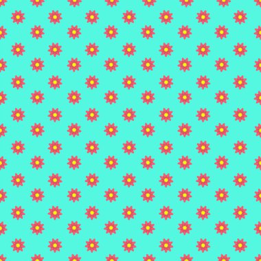 Mavi arka planda düz kırmızı çiçekli pürüzsüz desen. Pankart, arkaplan, ambalaj kağıdı, duvar kağıdı, kapak, baskı. Vektör illüstrasyonu. 